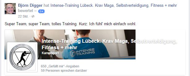 Björn bewertet Intense-Training Lübeck Krav Maga mit 5 Sternen. Er schreibt: Super Team, tolles Training.